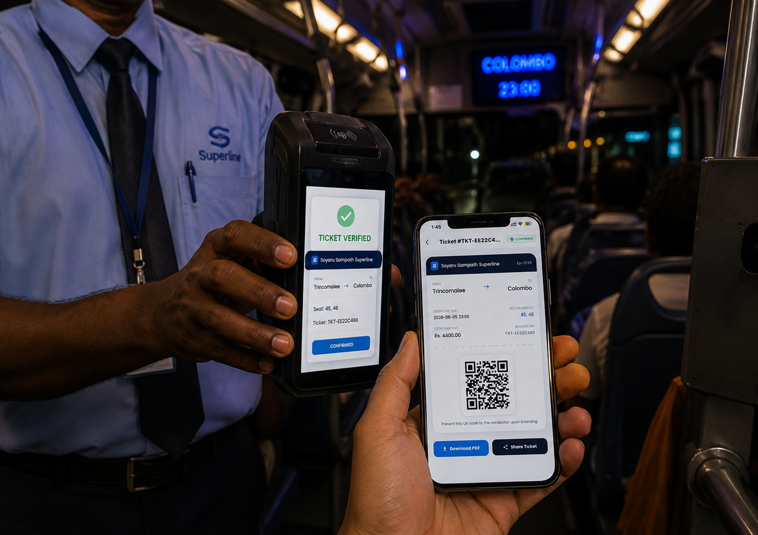 Sri Lankan Bus Conductor Validating Ticket with POS Terminal